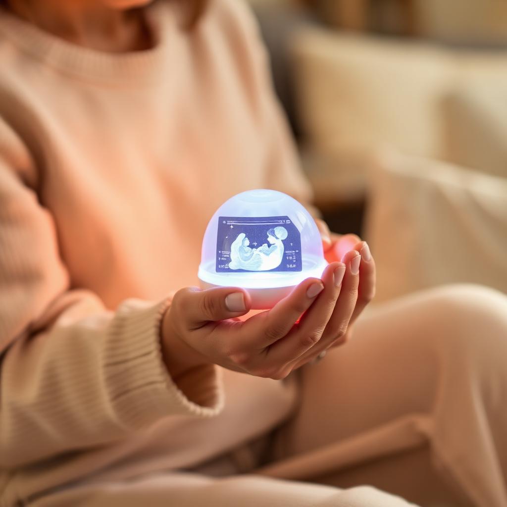 Mother holding a glowing Elunea ultrasound lamp as a gift in a cozy home