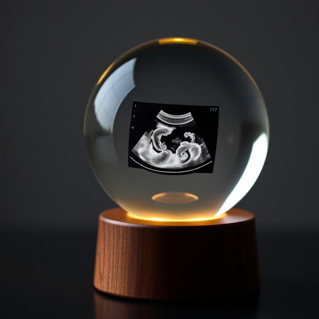 Close-up of the Elunea crystal sphere with a 3D engraved sonogram lit from below